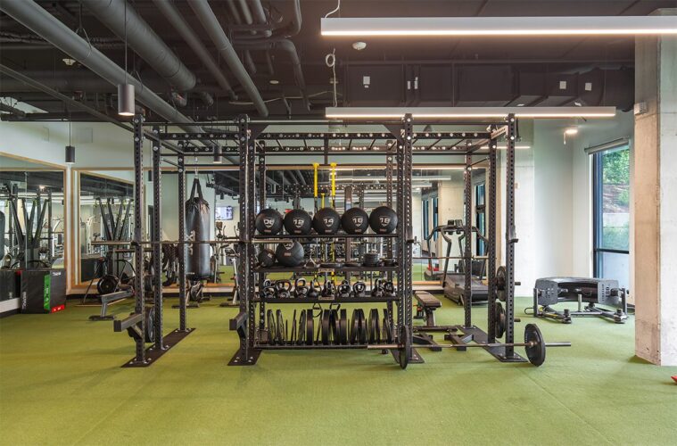 Fitness center with weight lifting equipment